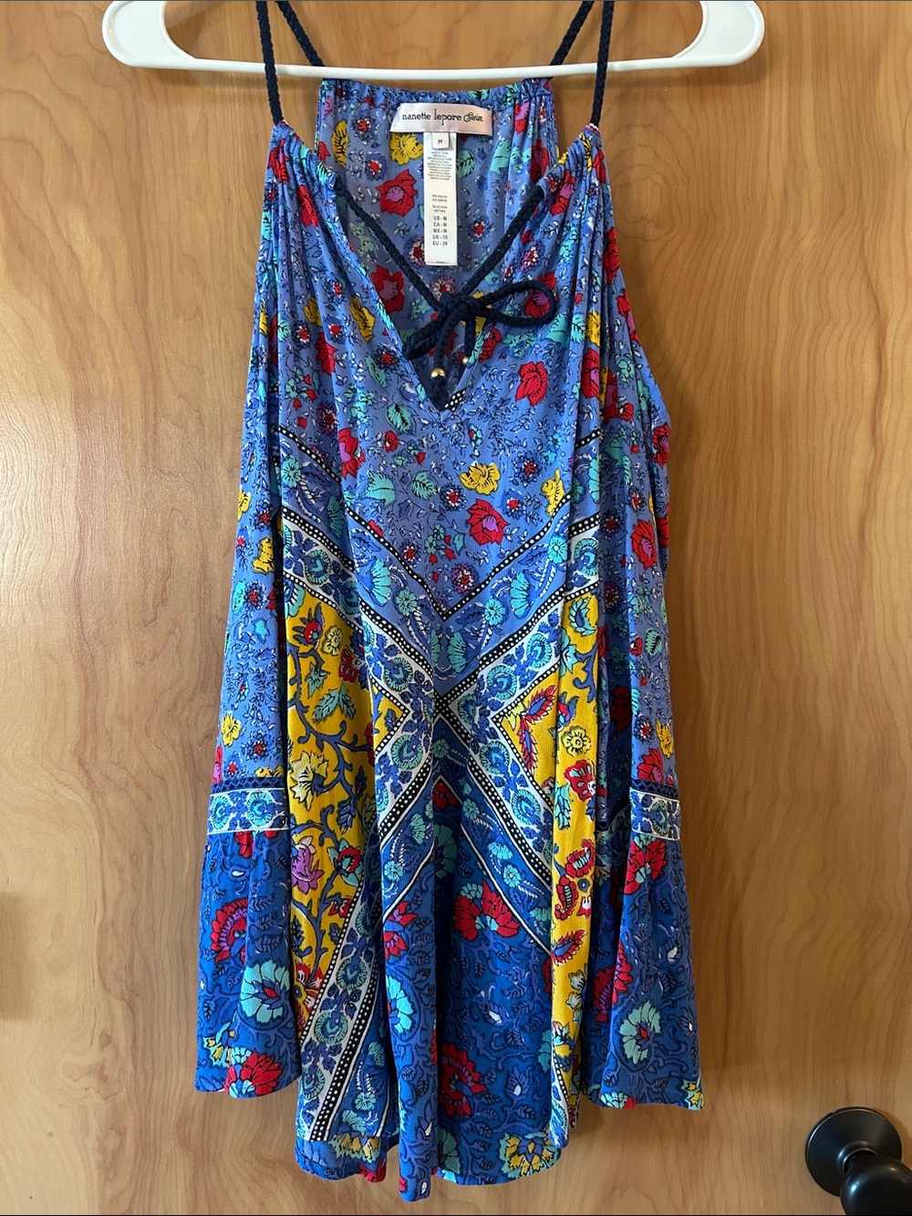 Nanette Lepore Blue Floral & Yellow Panel Swim Coverup Boho Chic Open Shoulders
